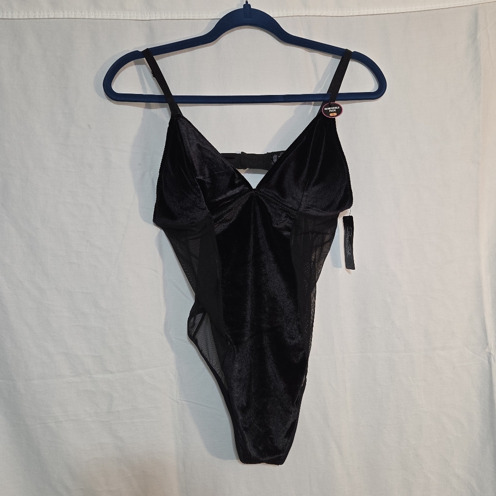 Rene Rofe Small Black Velvet & Sheer Teddy Thong Bodysuit